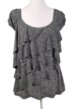 AB Studio Gray Ruffle Layered Knit Top Size L Feminine Chic